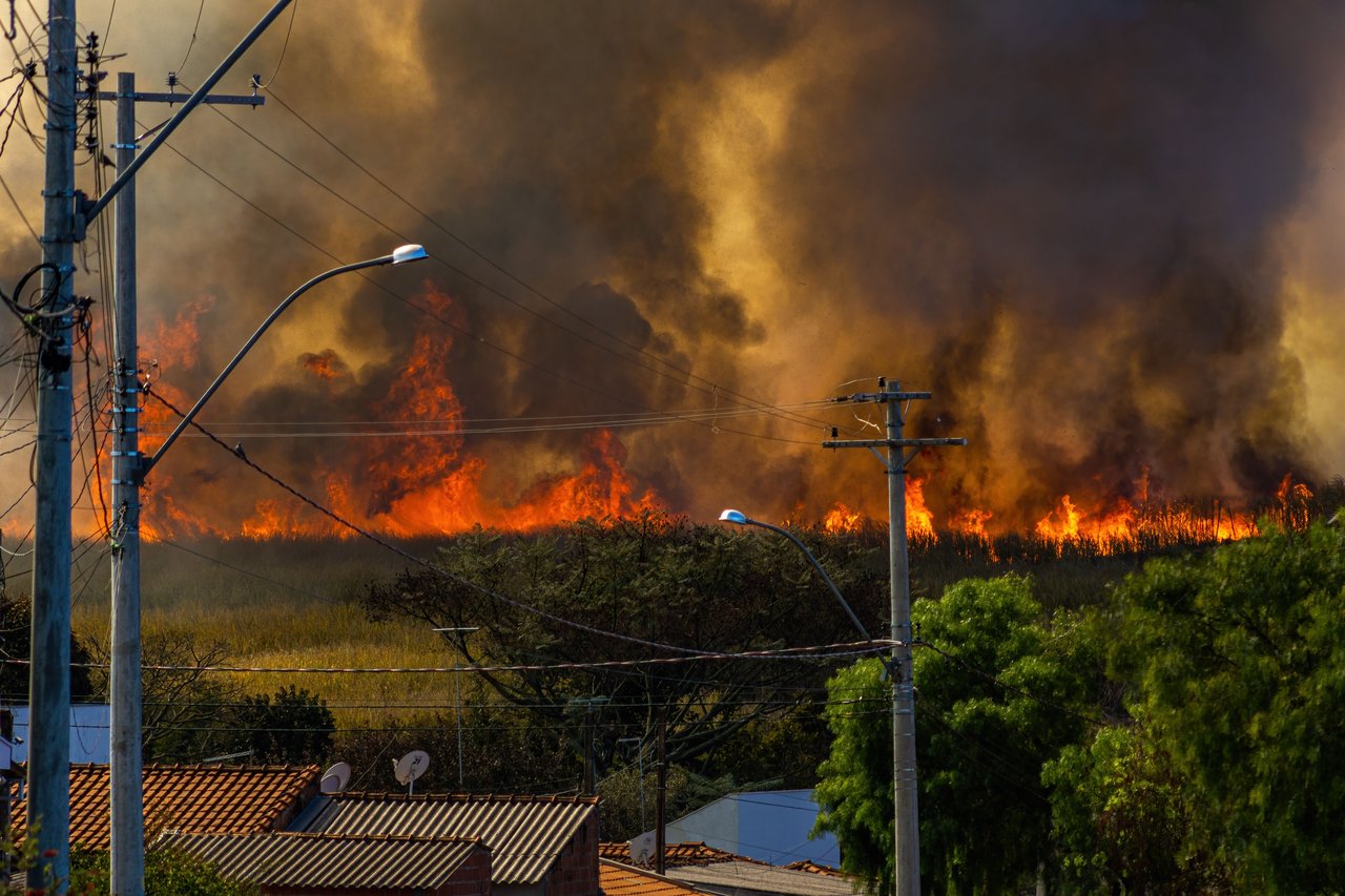 A dramatic wildfire near homes, highlighting the danger and environmental impact of such events.