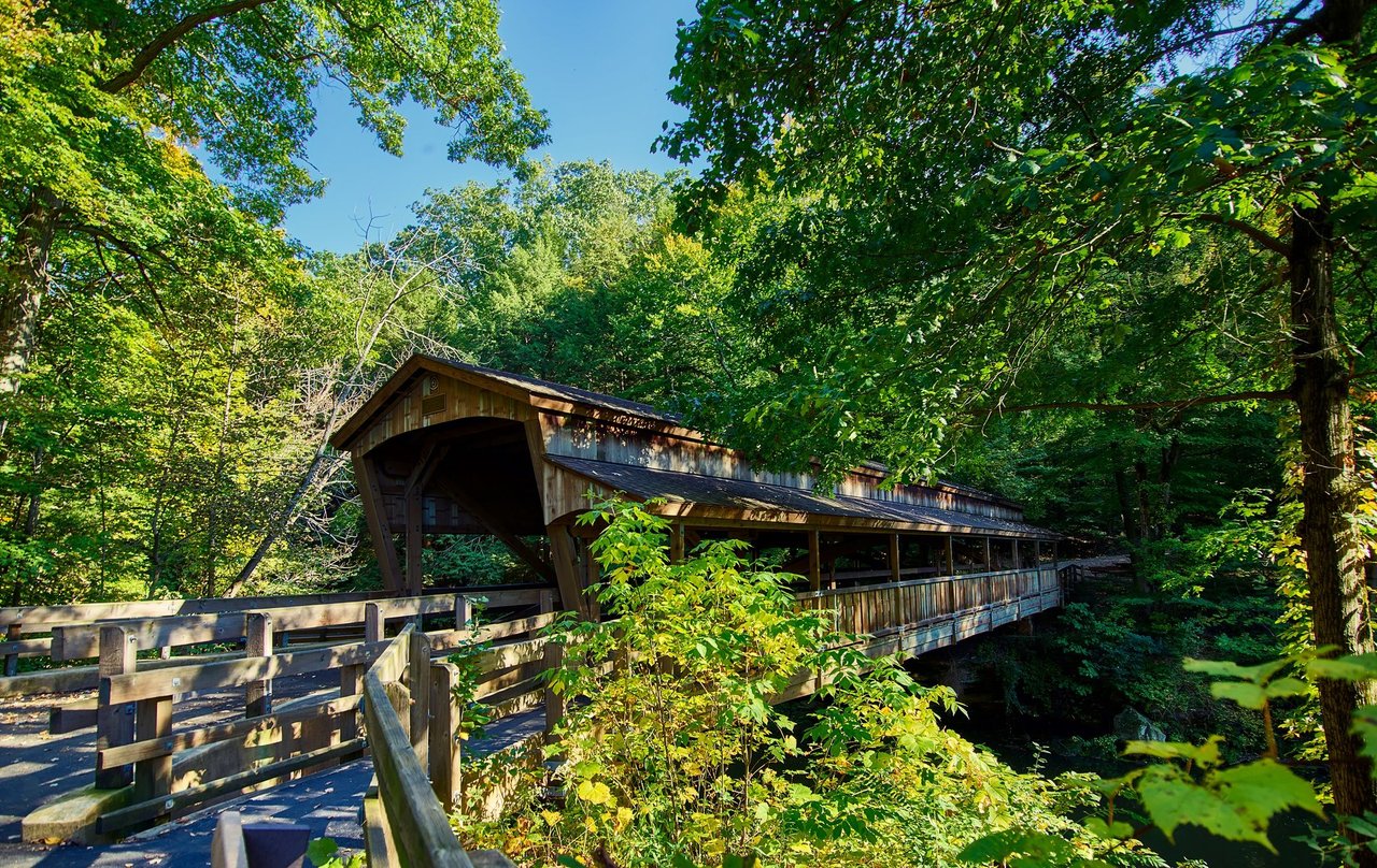 Beautiful wooden covered bridge in a vibrant summer forest in Youngstown, Ohio, showcasing natural rustic charm.