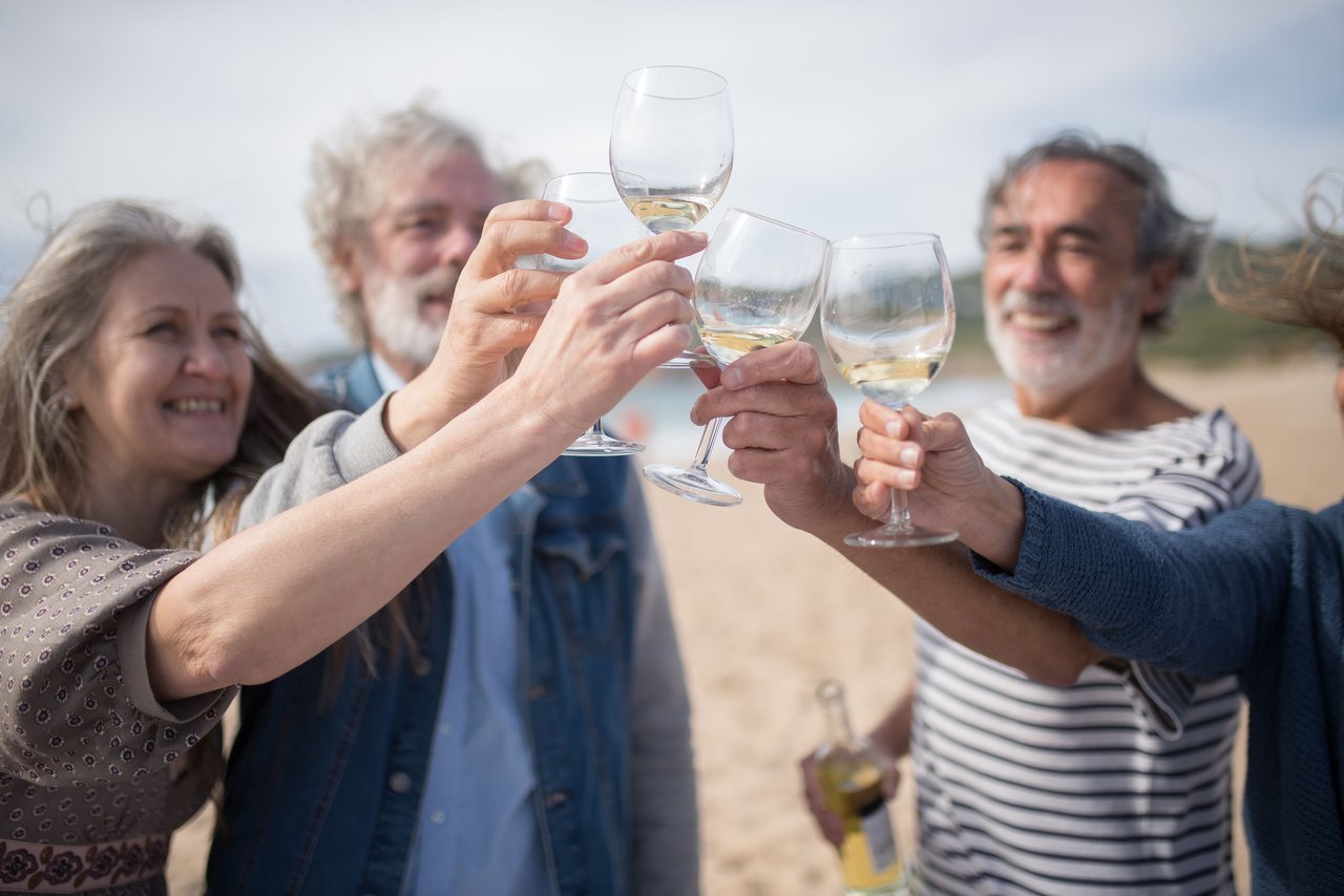 Happy senior friends toasting with wine glasses on a sunny beach in Portugal.