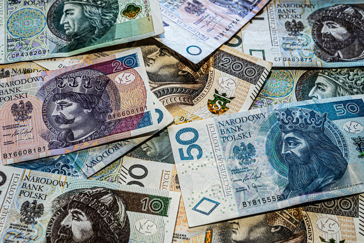 Close-up view of various Polish Zloty banknotes showcasing intricate designs.
