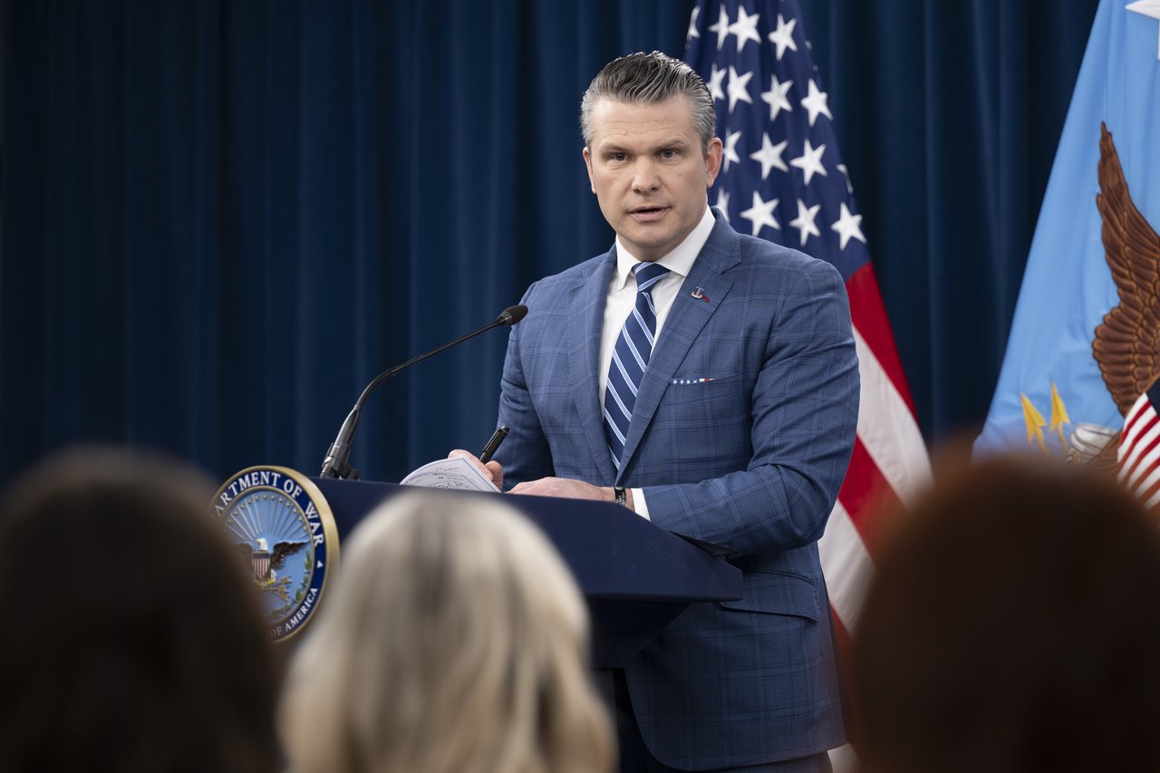 Secretary of Defense Pete Hegseth and Chairman of the Joint Chiefs of Staff U.S. Air Force General Dan Caine at a press briefing on Operation Epic Fury at the Pentagon, USA on April 8, 2026