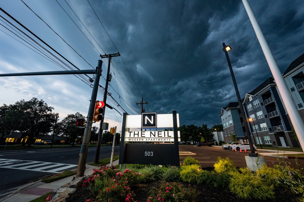 Photos of a passing shelf cloud with a severe warned storm behind it, moving over The Neil Apartments complex in Mount Laurel, New Jersey.