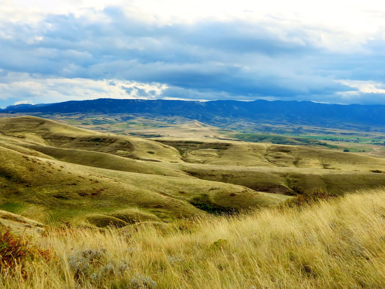 Expansive view of rolling golden hills in South Dakota, USA, with a dramatic cloudy sky.