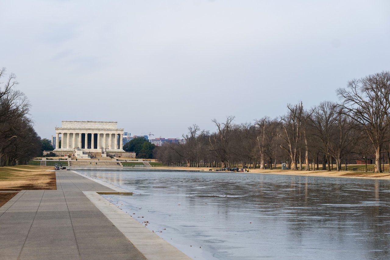 Serene winter view of Lincoln Memorial with the Reflecting Pool in Washington, D.C.