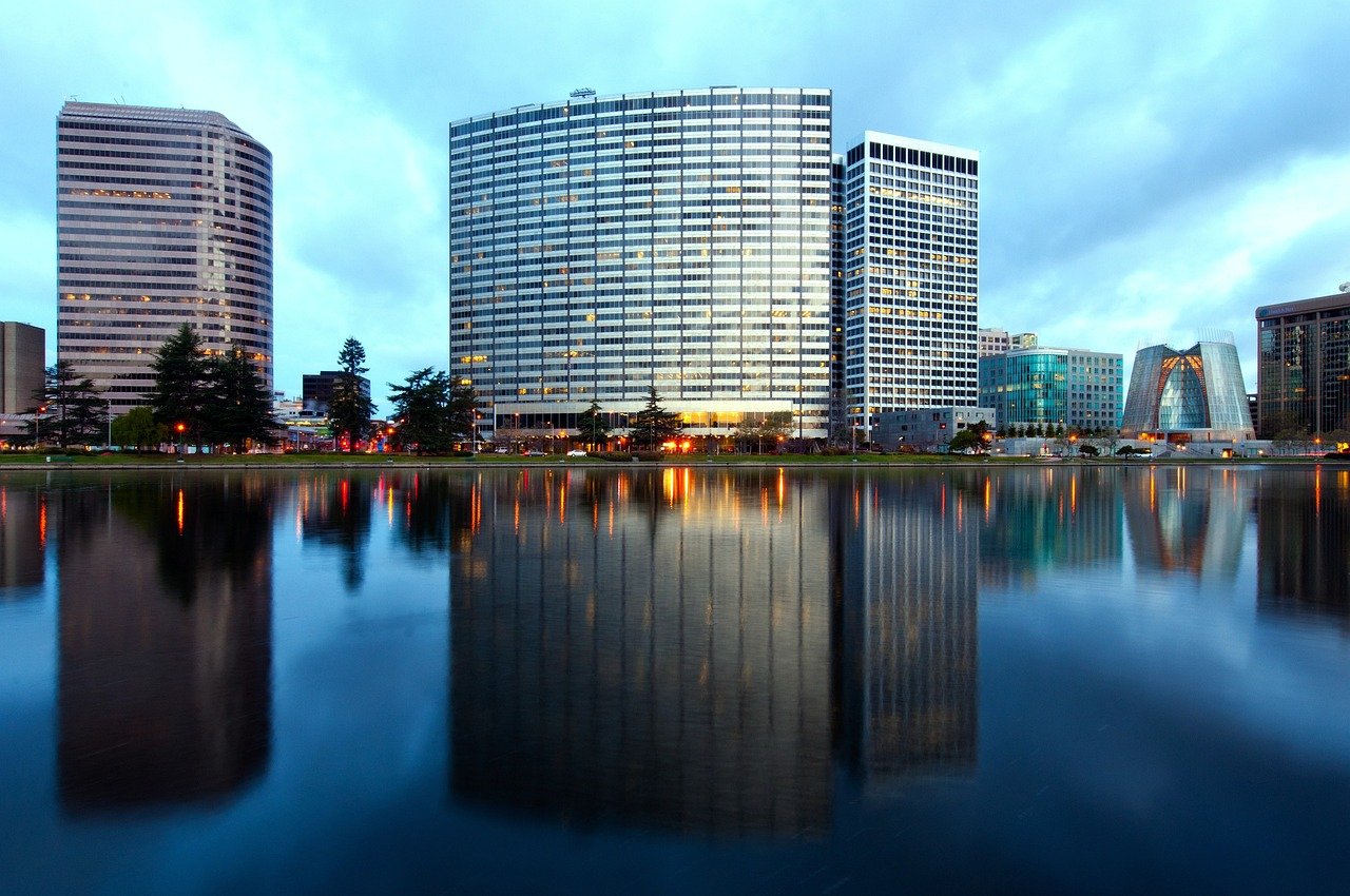oakland, california, sky, clouds, city, nature, cities, urban, summer, spring, lake, water, reflections, outside, architecture, buildings, beautiful