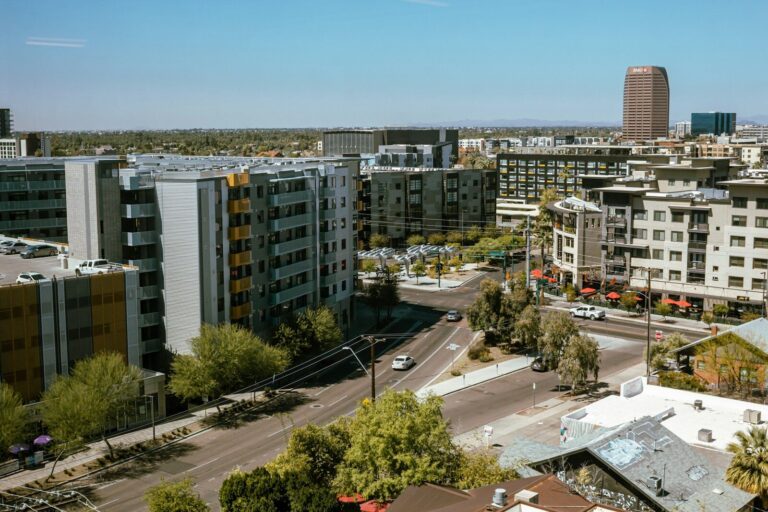 a view of a city with tall buildings