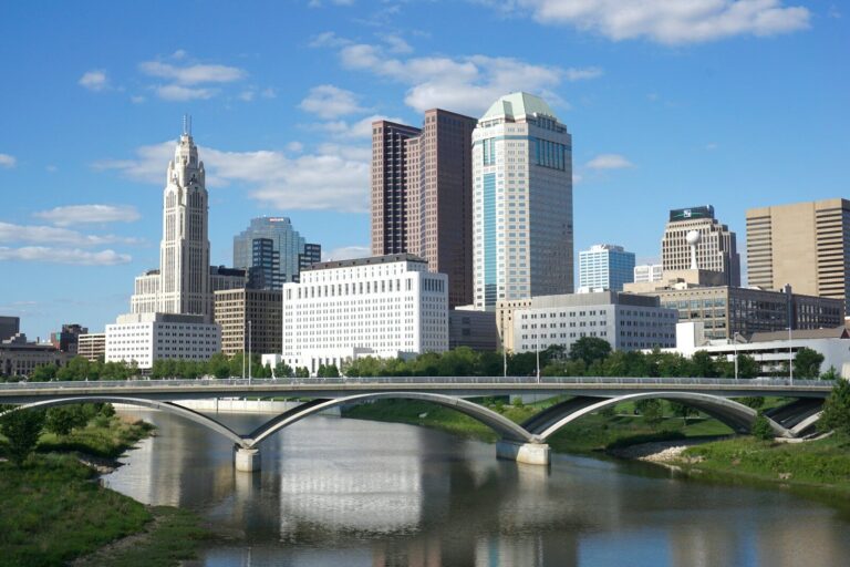 a bridge over a river with a city in the background