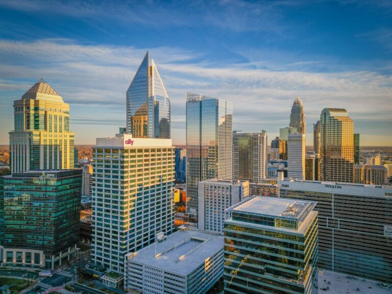 a view of a city with tall buildings